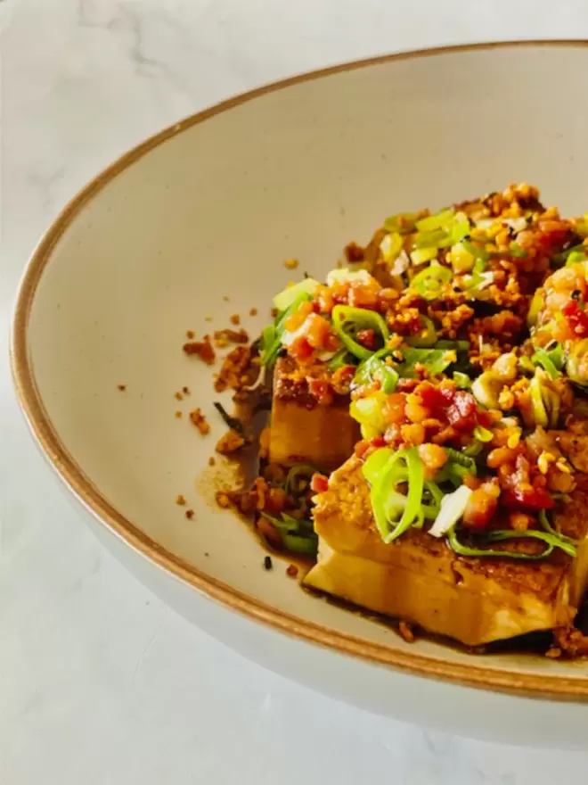 tofu furikake and crispy pancetta 