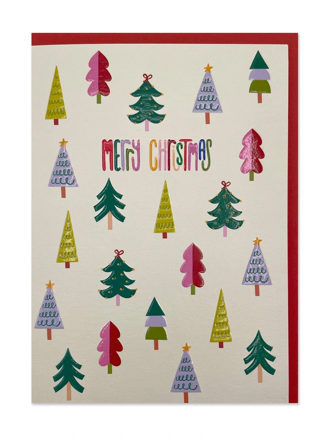 ‘Merry Christmas’ Colourful Christmas Trees Pattern Christmas Card | Raspberry Blossom