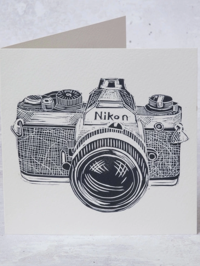 Greeting Card with an image of a Nikon Camera taken from an original lino print