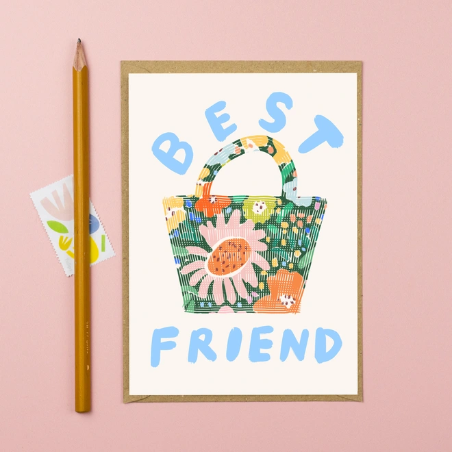 A greetings card featuring an illustration of floral shopping bag and the words Best friend