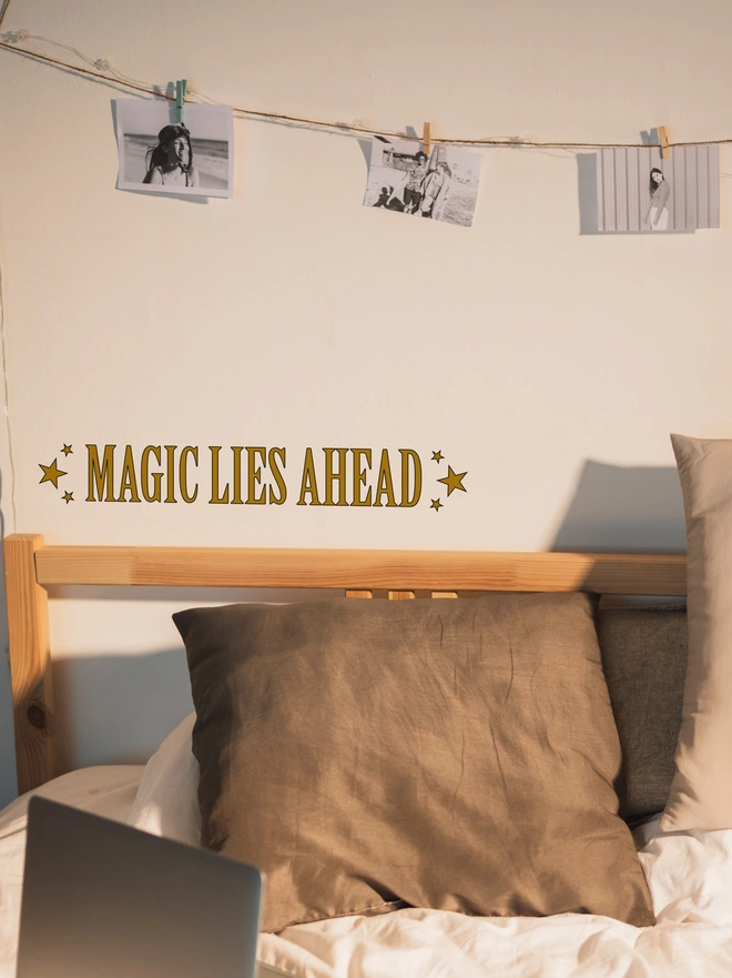 Magic Lies Ahead wall and mirror sticker by Joanie and Jeanie – black lettering decal ideal for teenage bedroom décor and Halloween.