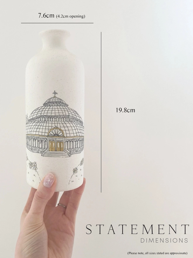 Dimension details of a ceramic vase with with black hand drawn venue illustration 