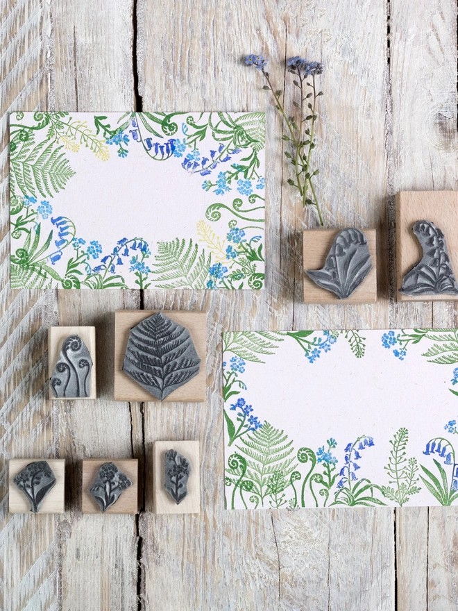 fern rubber stamp, bluebell rubber stamp, forget-me-not rubber stamp