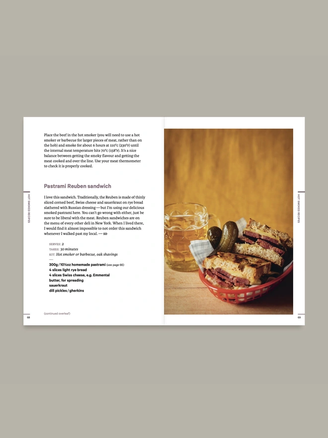 Page of a book showing recipe for pastrami sandwich