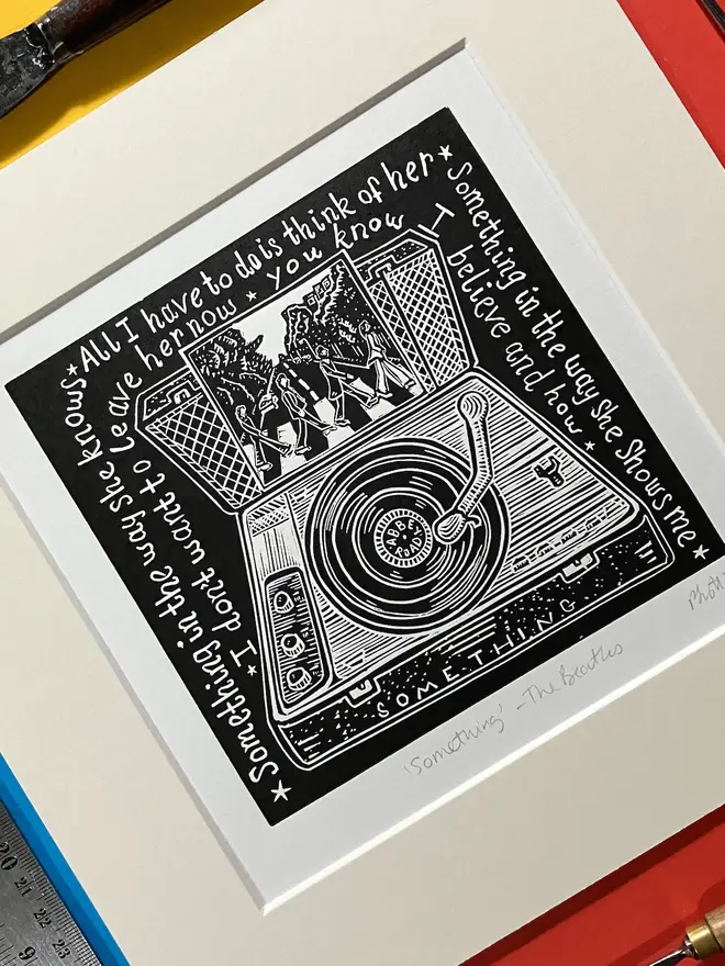 something beatles lyric lino print