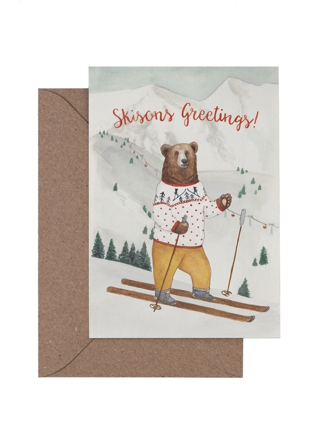 skiing bear christmas card