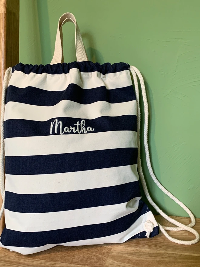 Personalised Organic Cotton Drawstring Bag - Navy Stripe