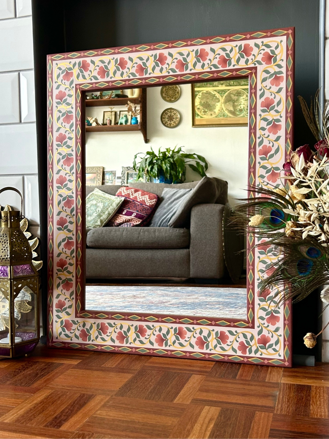 Hand Painted Wooden Mirror With Pink Flowers 