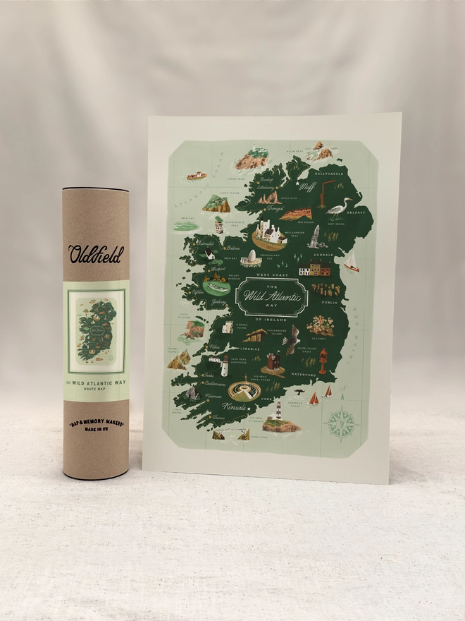 Wild Atlantic Way Map Print Framed on a wall with tube packaging