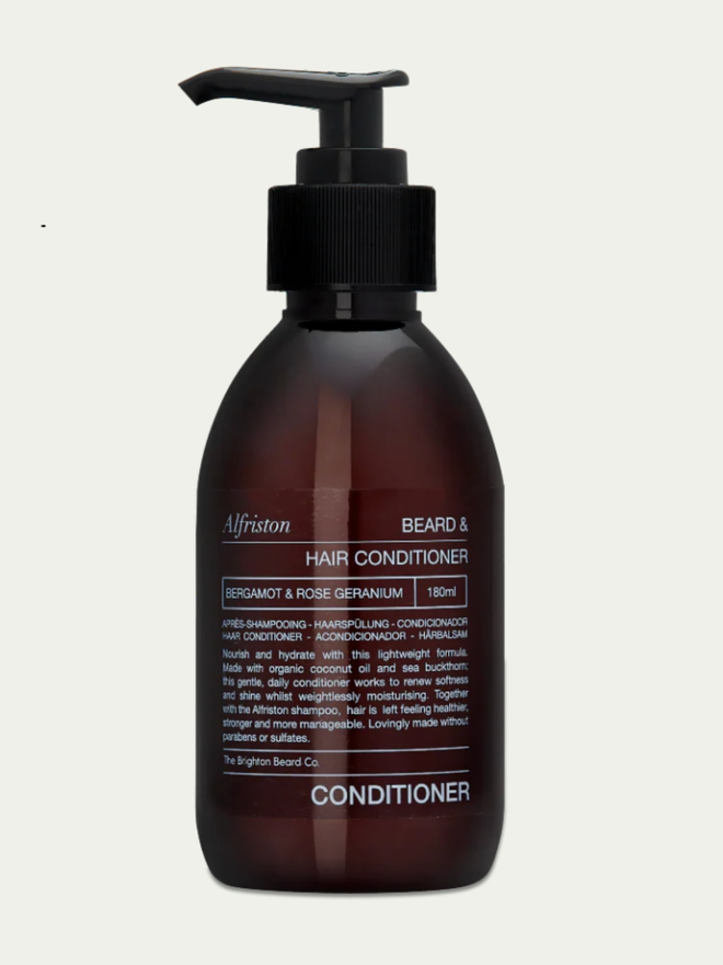 Alfriston Beard & Hair Conditioner. A brown bottle of conditioner.
