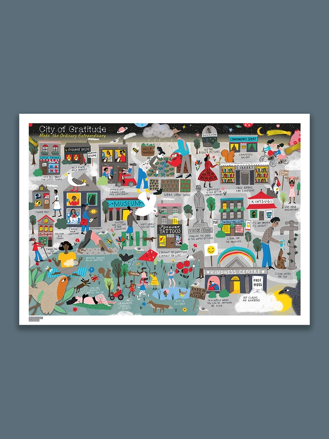 A fully coloured illustration of a city to show how gratitude is essentially free and available everywhere. The illustration depicts fabricated landmarks to fit the narrative.
