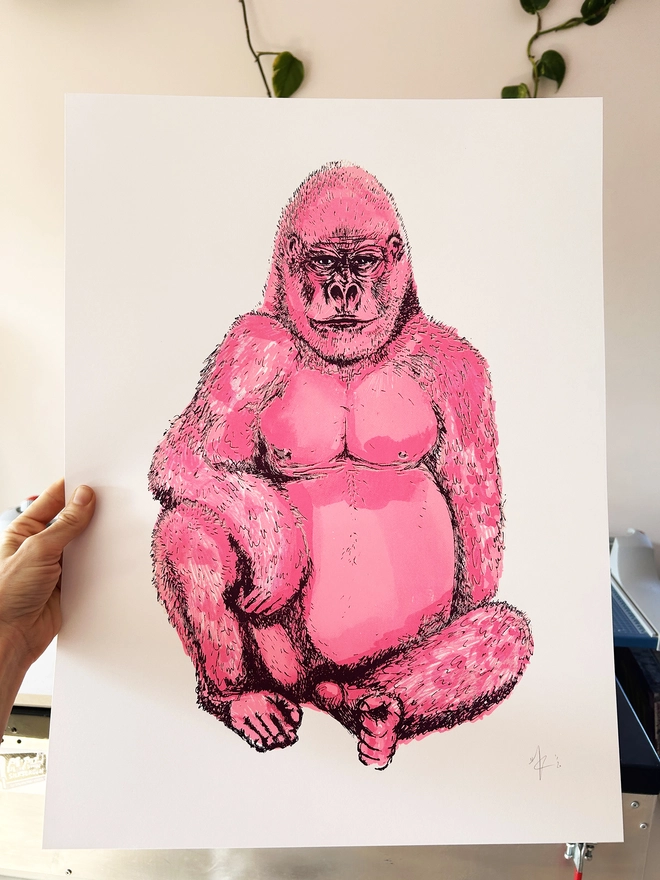 Neon Pink Gorilla Screen print by Hannah Carvell