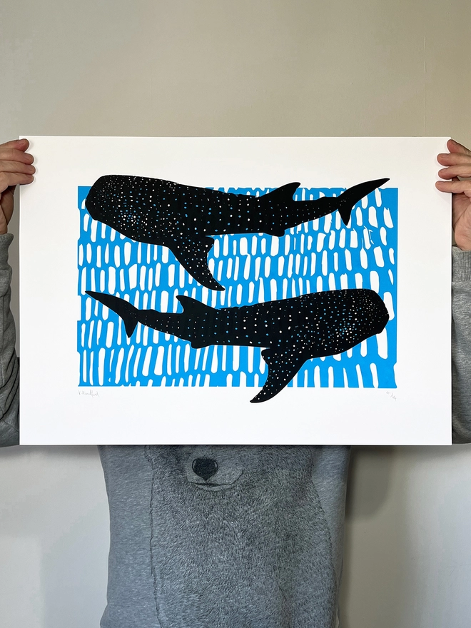 Whale Sharks (Black and Blue) – Screen Printed Poster - scale shot