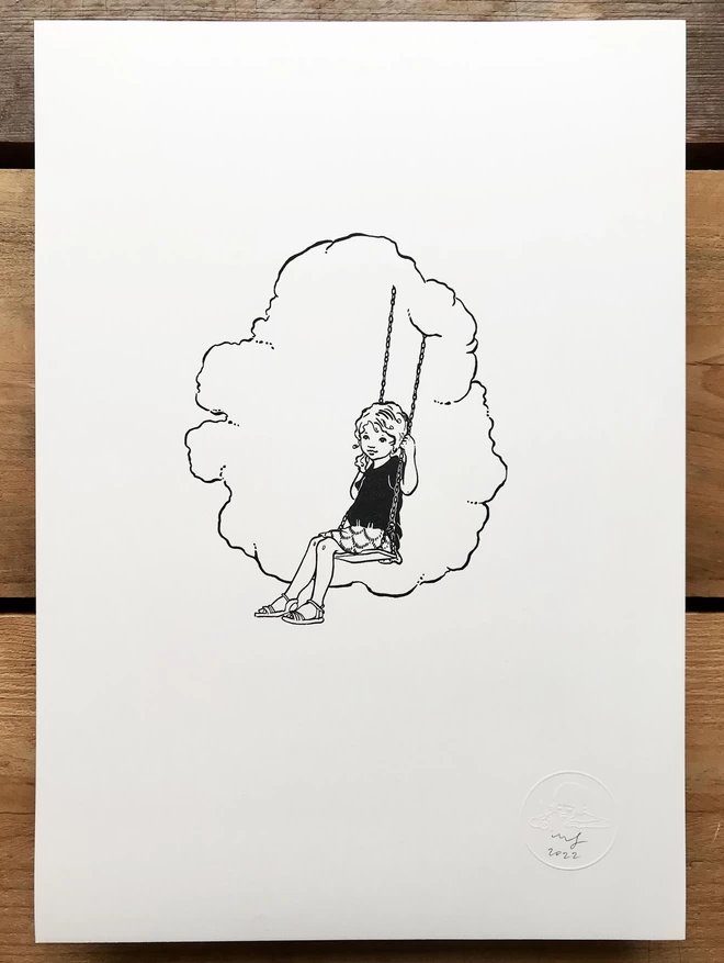 an A3 art print of a girl in a black t-shirt sat on a swing with a cloud behind hers