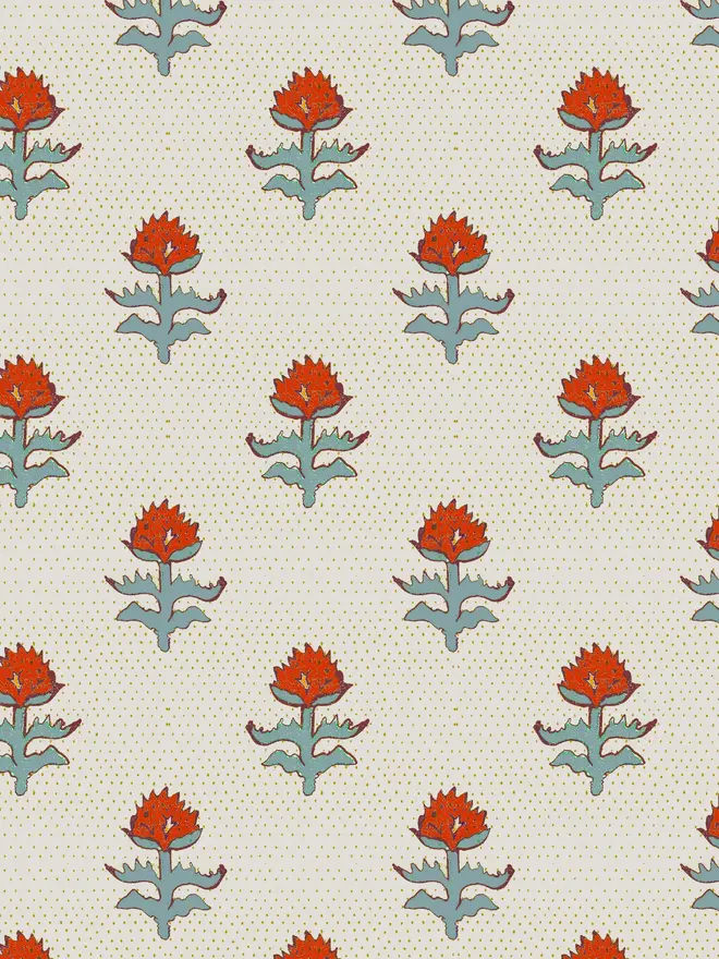 little red flower illustrated wallpaper. a cream background wallpaper patterned with small red flowers.