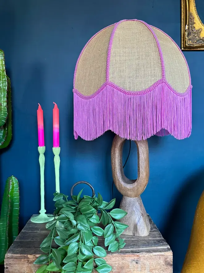 Fringed Dome Hessian Lampshade With Pink Trim