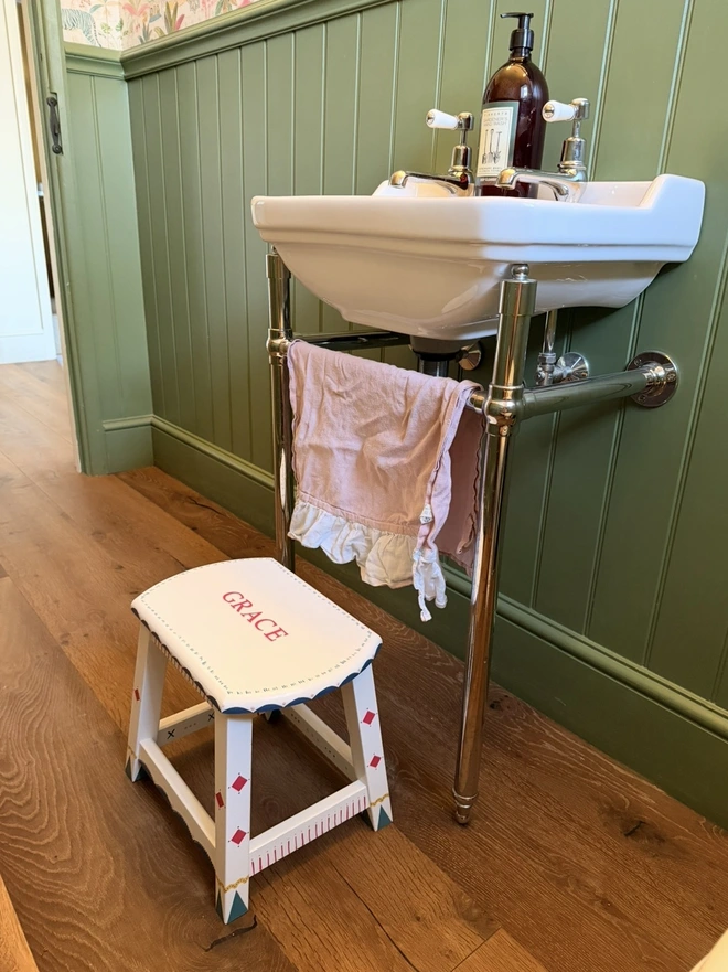 Wooden step stool for bathroom. 