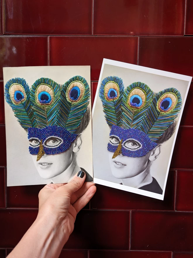 Photo of woman with embroidered peacock mask held with giclee print version