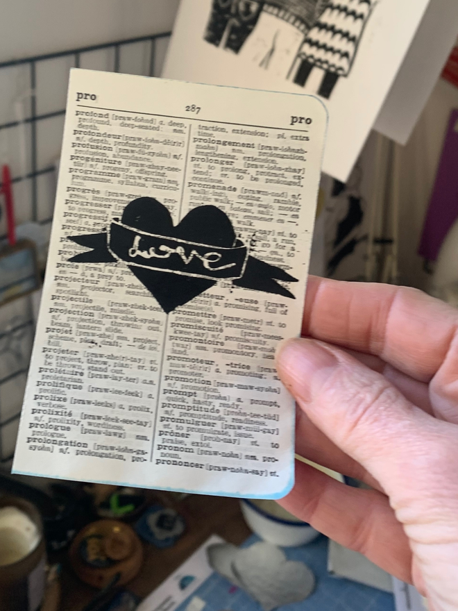 love heart mini lino print vintage french dictionary