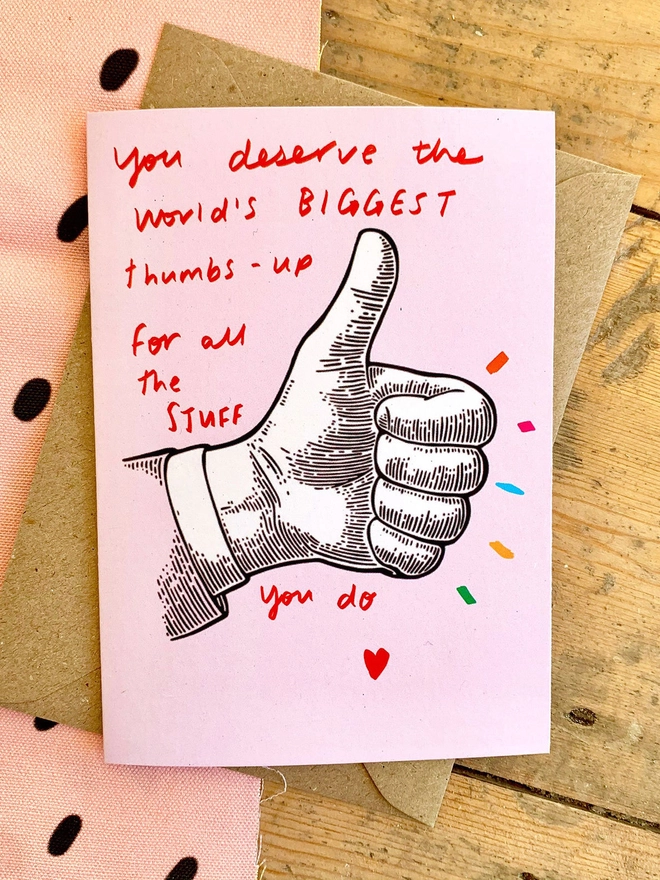 Nicola rowlands card reads 'you deserve the biggest thumbs up for all the stuff you do'
