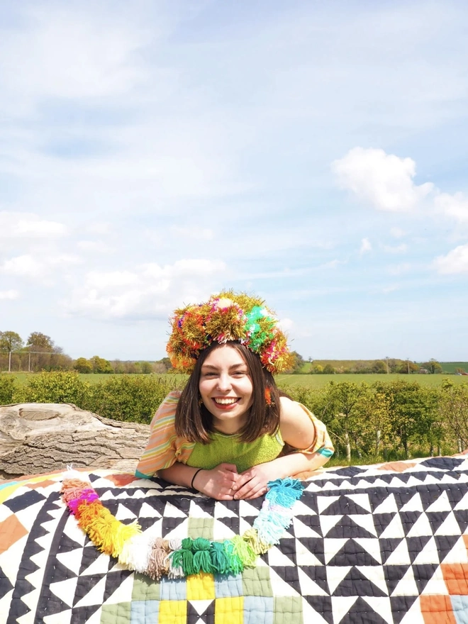 Rainbow Pom Pom Tinsel Headband