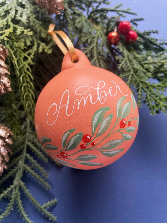 Personalised Hand Painted Christmas Name Bauble With Berries