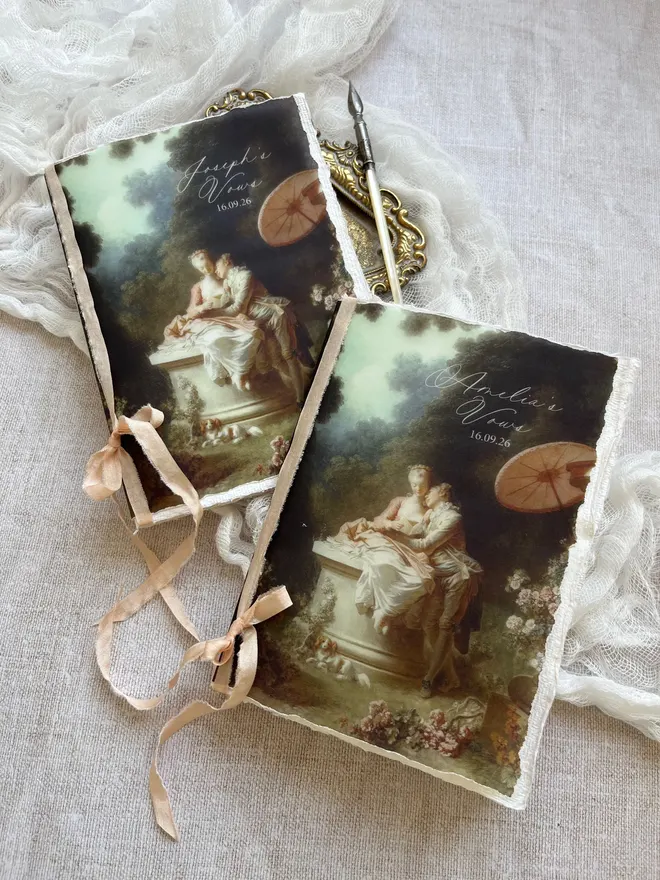 Romantic vow booklets featuring a couple in period costume