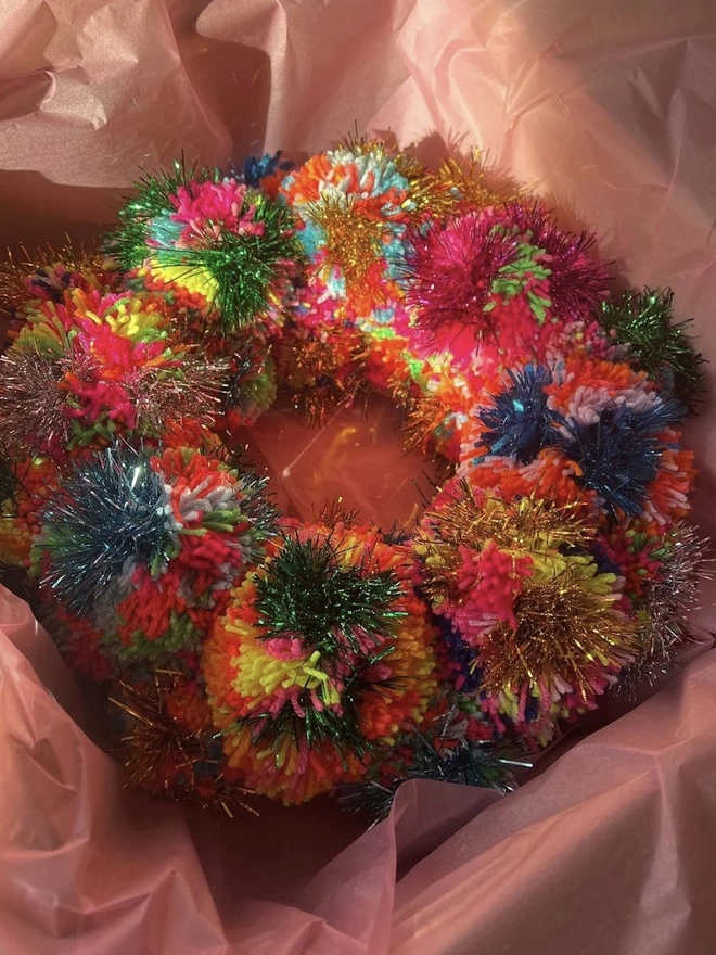 Rainbow Pom Pom Tinsel Wreath