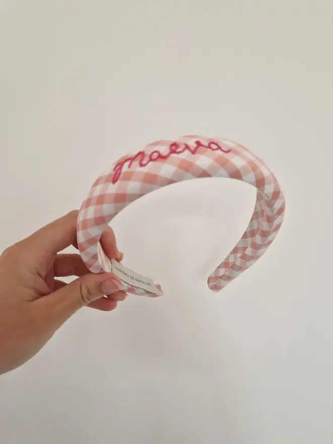 pink gingham personalised headband