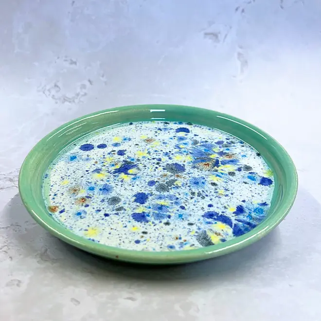 Shoreline Dinner Plate, a colourful plate placed on a stone surface. 