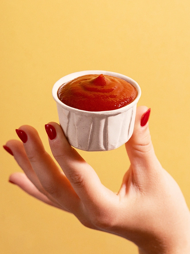 Large Ceramic Sauce Pot filled with ketchup against a yellow background