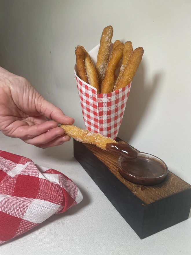 Chip and dip holder with churros and chocolate sauce