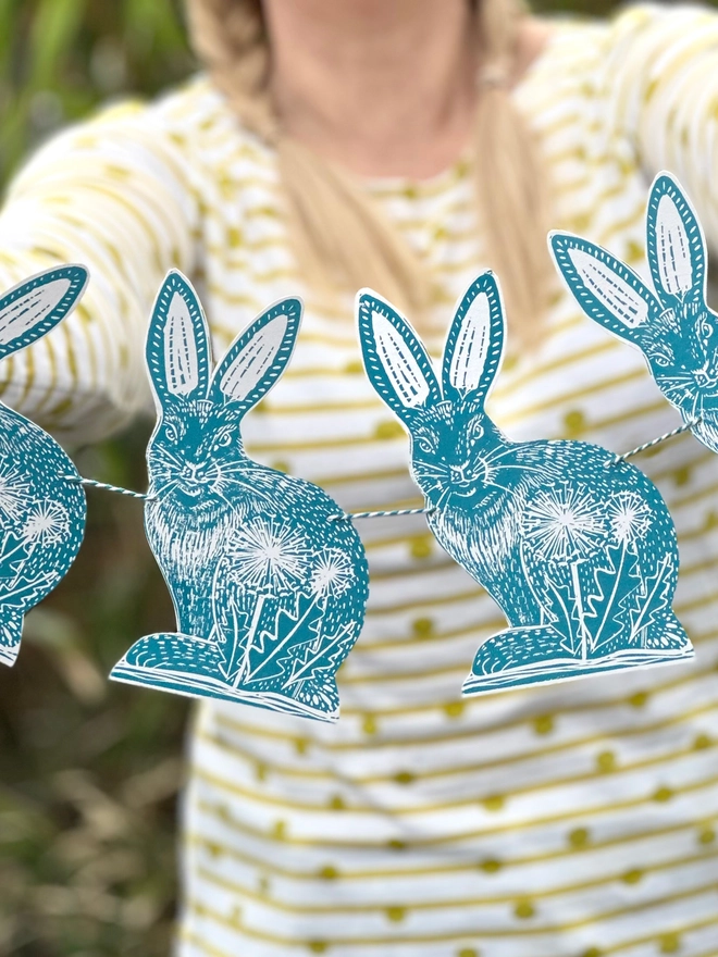 Folk Art Rabbit Hand Printed Nature Linocut Garland