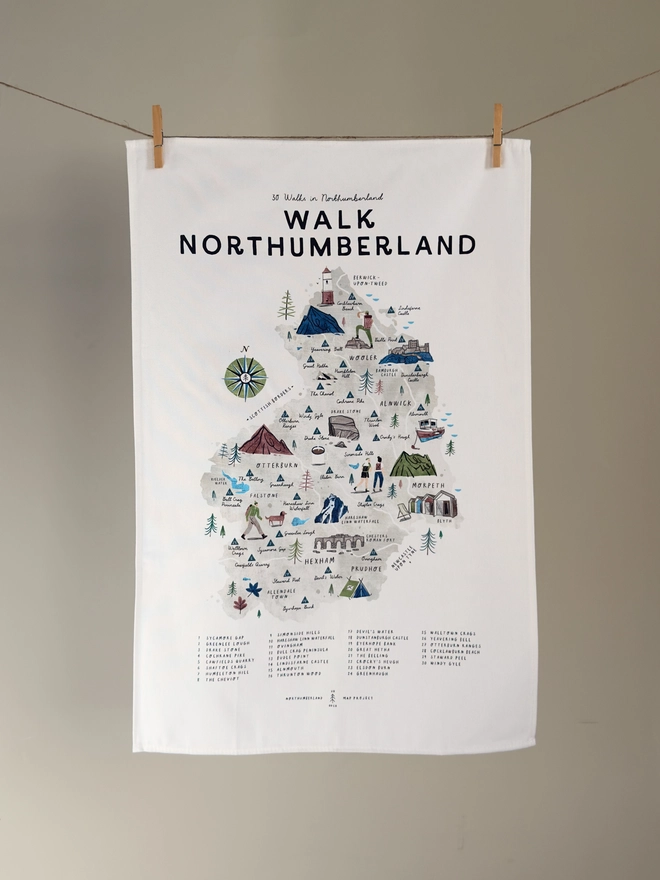 Walk Northumberland Map Tea Towel