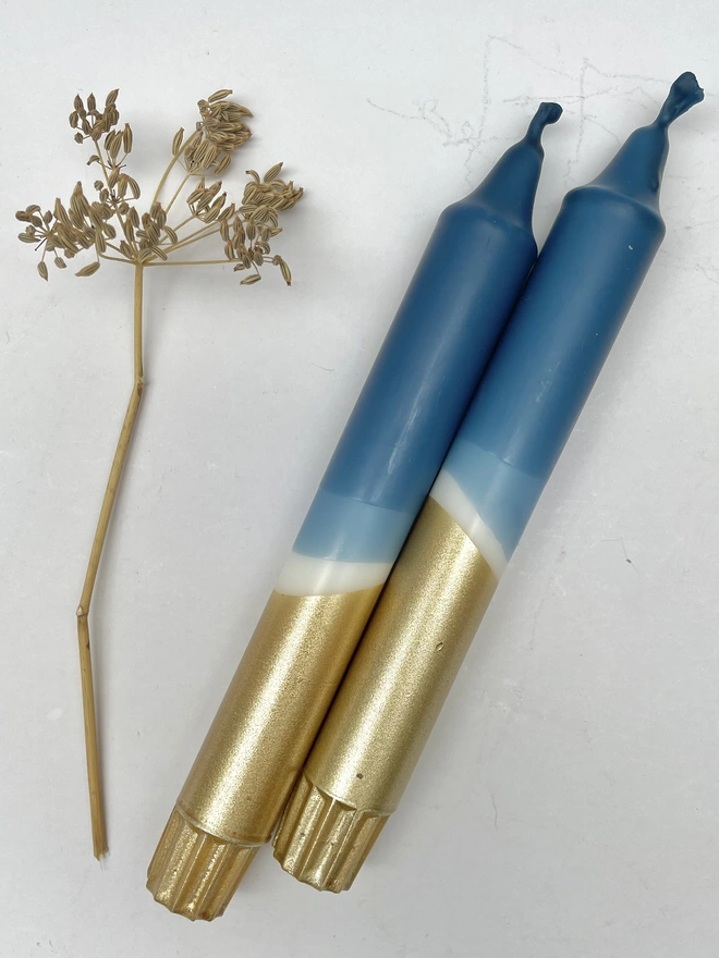 Teal Blue & Gold Dip Dyed Dinner Candles