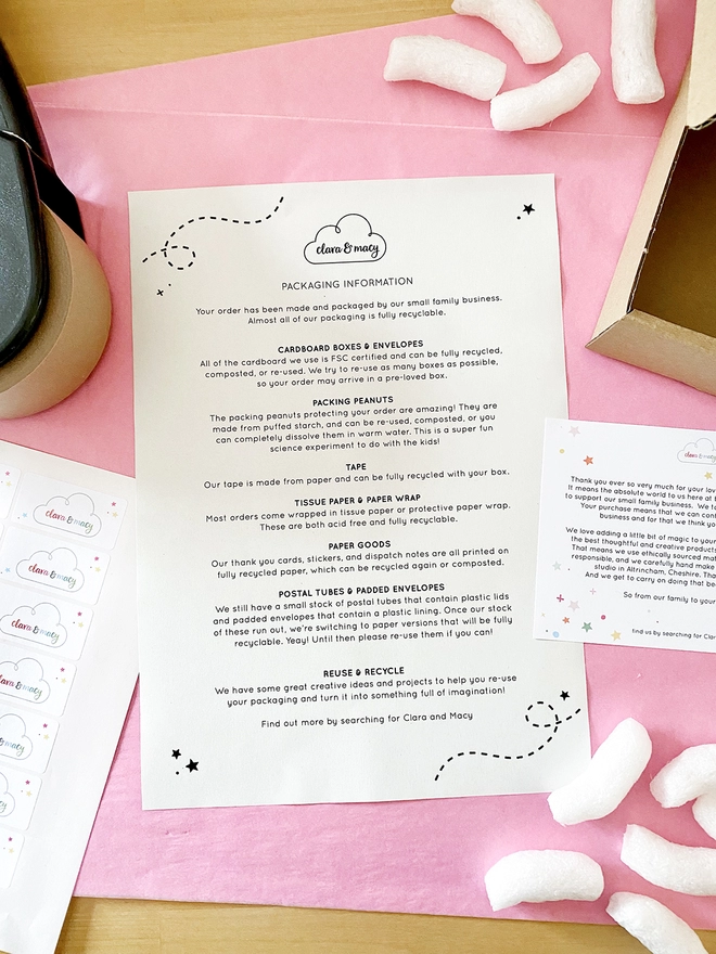 A sheet of recycled paper with information about Clara and Macy's sustainability and packaging lays on pink tissue with various packing items beside it.