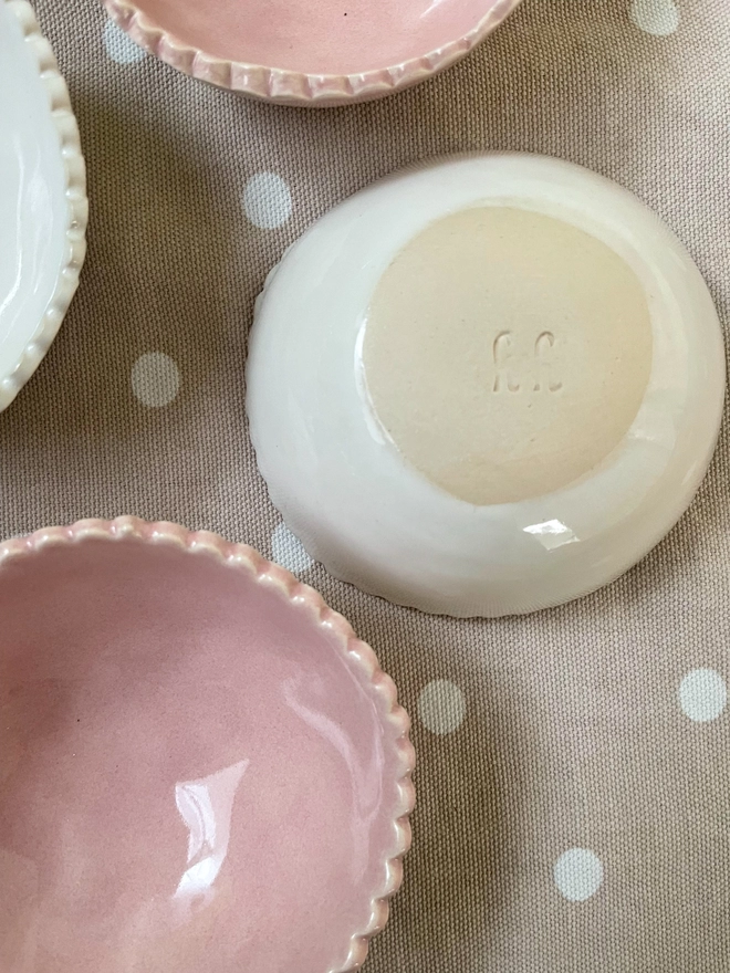 pink and/or white handmade small bowls with scalloped edge ceramic pottery 