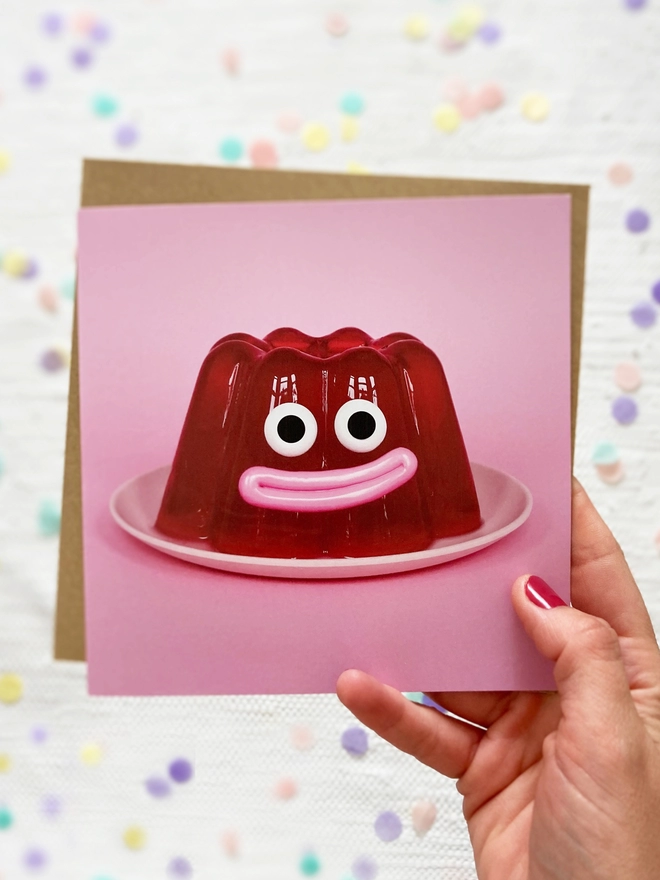 A happy jelly on a plate card 