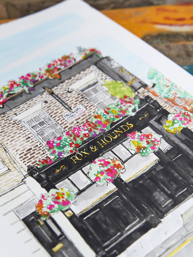 Watercolour painting portrait of a pub