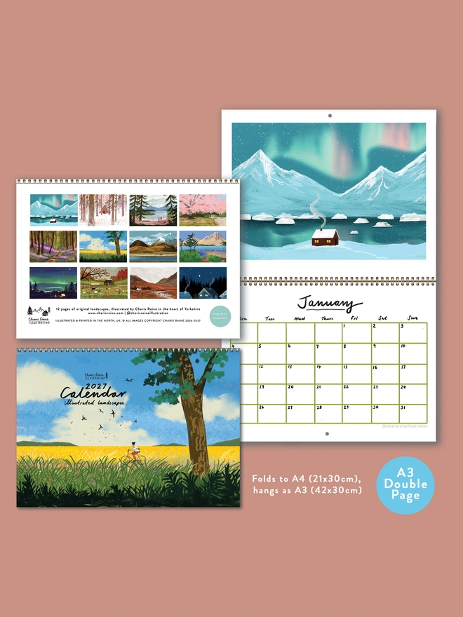 Illustrated landscape calendar by Charis Raine featuring a cyclist though yellow and green fields, with a tree and blue sky