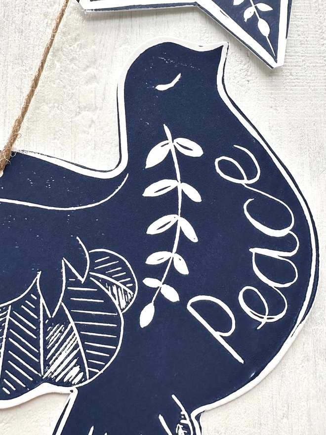Dove Of Peace Hand Printed Linocut Scandi Style Garland With Folk Art Stars