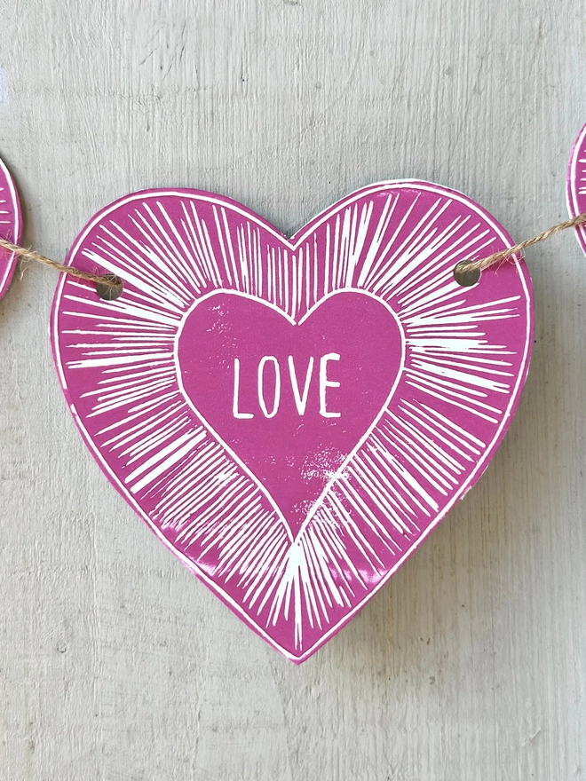 Heart Garland With Love Text Linocut Hanging Decoration