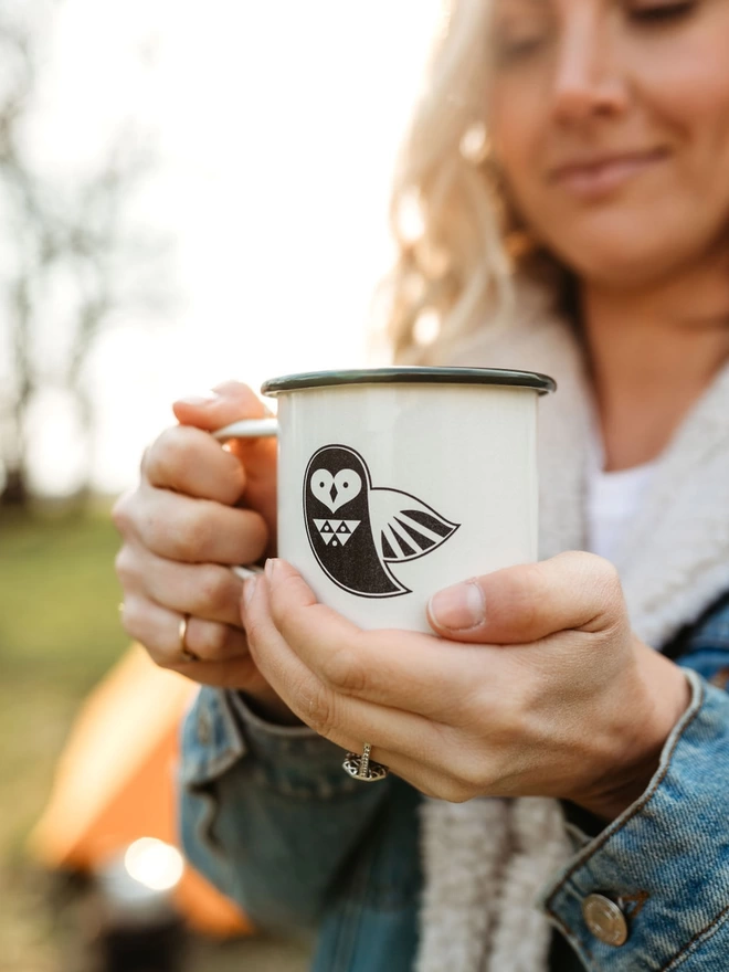 Lady holding owl enamel camping mug