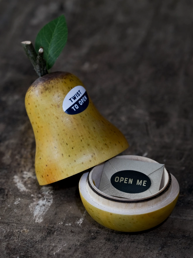 The perfect pear, wooden ornament with secret message for valentines and anniversary gift