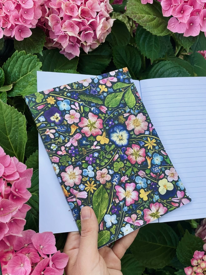 Hand Holding Notebook with Elegant Pressed Flower Print Cover, Open Notebook with Lined Pages, Pink Hydrangea Background
