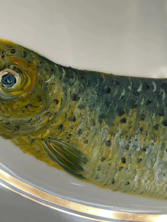 Oil Painted Swimming Rainbow Trout On A vintage platter