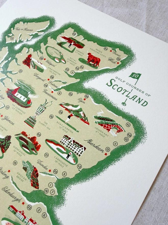 Golf Scotland map print close up