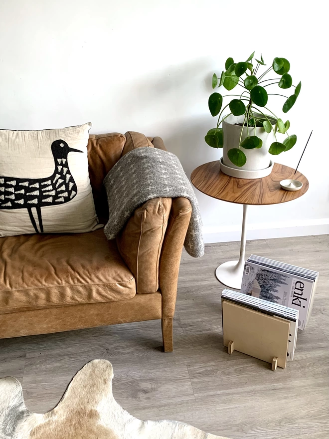 flip on the floor by sofa with magazines stacked inside and plant on a table 