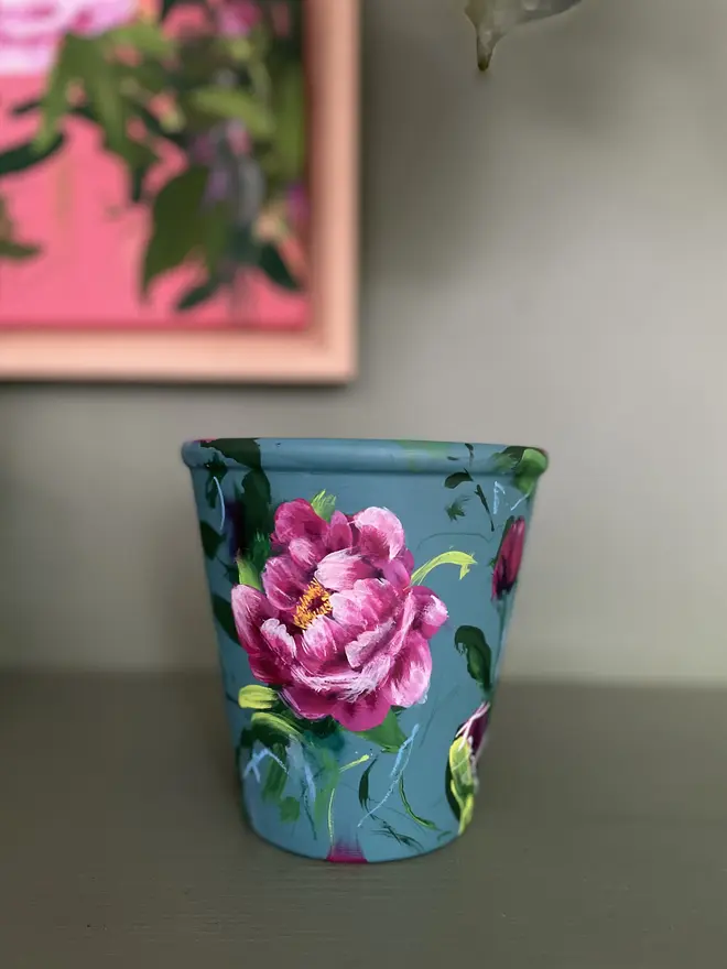 Hand painted floral plant pot background painted dark teal pink peony flowers