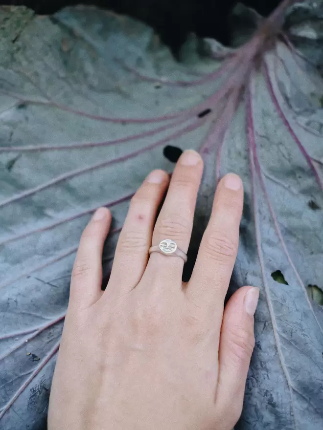 Image of a hand over the top of a large purple cabbage leaf, on the middle finger of the hand a silver moon face ring is being worn